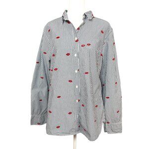 J Crew Factory Women's XL Button Up Shirt Grey White Stripe Printed Kisses